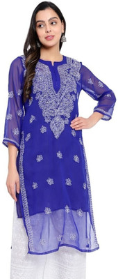 Neelam Chikan Women Chikan Embroidery Straight Kurta(Dark Blue)