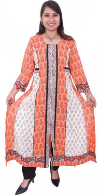 weavers saga Women Block Print A-line Kurta(Orange, White)