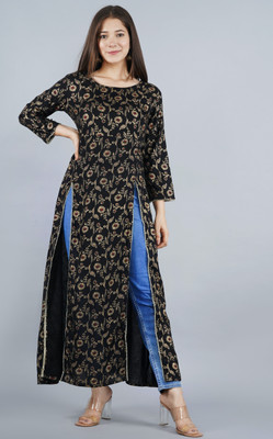Shedika Women Printed Frontslit Kurta(Black)