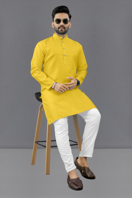 Shree Dutt Creation Men Solid Straight Kurta(Yellow)