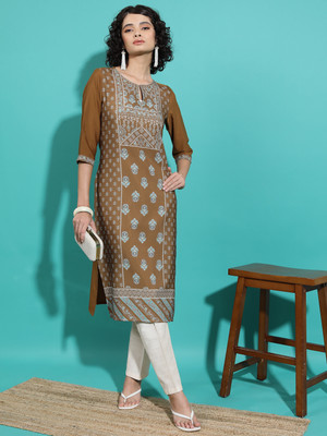 Vishudh Women Printed Straight Kurta(Brown)