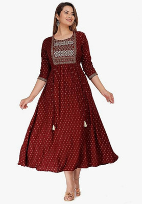 AFSIDUL Women Printed Anarkali Kurta(Red)