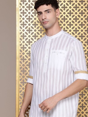 House of Pataudi Men Striped Straight Kurta(White)