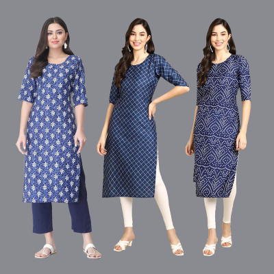 EthnicBasket Women Printed Straight Kurta(Dark Blue, Blue, White)