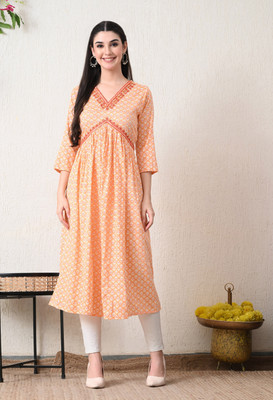 VELVET VIBE Women Self Design Flared Kurta(Orange)