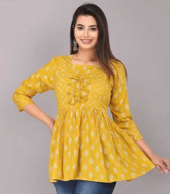 Suraj Enterprise Women Printed Straight Kurta(Yellow)