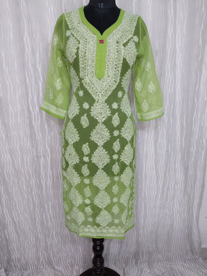 The Chikankari Story Women Chikan Embroidery Straight Kurta(Light Green)