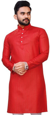 Tezys Men Striped, Self Design Straight Kurta(Red)