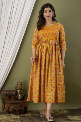 STYLE HEAVEN Women Printed A-line Kurta(Yellow)