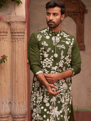 Jompers Men Floral Print Straight Kurta(Green)