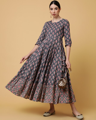 Gulmohar Jaipur Women Printed Flared Kurta(Grey)