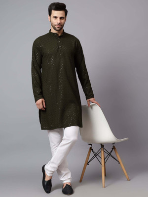 FireFish Men Chikan Embroidery A-line Kurta(Green)