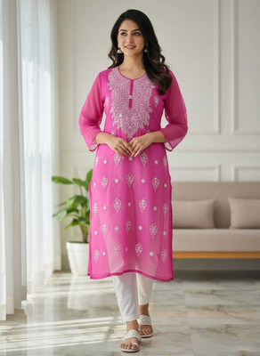 AvadhFashionHub Women Embroidered, Chikan Embroidery, Solid A-line Kurta(Pink)