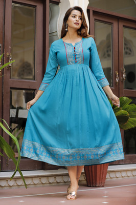 Krishna Creations Women Printed Flared Kurta(Light Blue)