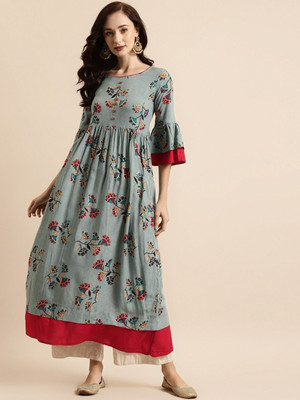 all about you Women Printed A-line Kurta(Blue)