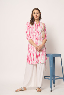 Seven Buttons Women Printed Straight Kurta(Pink, White)