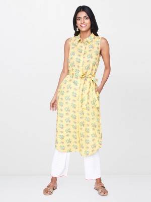 GLOBAL DESI Women Floral Print Straight Kurta(Yellow)