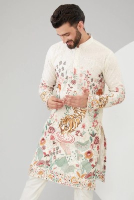 Aditya Fashion Men Embroidered Straight Kurta(White)