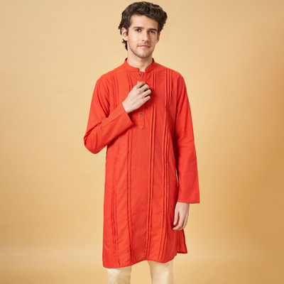 Indus Route by Pantaloons Men Dyed/Ombre Straight Kurta(Orange)