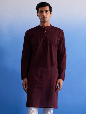 Shvaas By Vastramay Men Woven Design, Self Design, Striped Straight Kurta(Maroon)