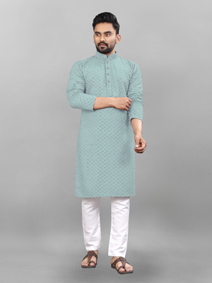 ALMORA Men Embellished Straight Kurta(Green)