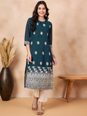ANOUK Women Floral Print Straight Kurta(Blue)