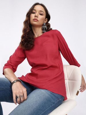 Anouk Rustic Women Solid Straight Kurta(Red)
