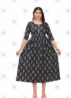 Gora Laxmi Women Printed Anarkali Kurta(Black)