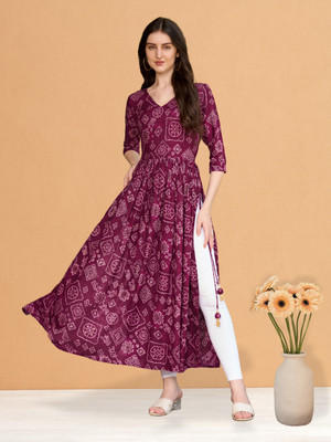 TextileNow Women Bandhani Flared Kurta(Purple)