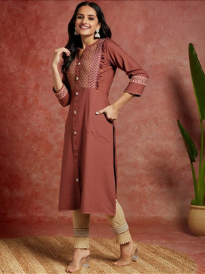 PP Vastram Women Embroidered A-line Kurta(Brown)