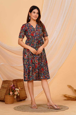 Kwast Women Printed Flared Kurta(Blue)