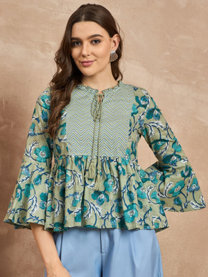 all about you Women Floral Print Cape Top Kurta(Green)