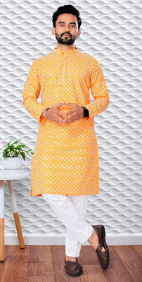 NobleStitch Men Embroidered Straight Kurta(Yellow)