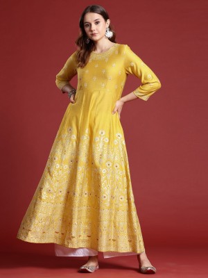 ANOUK Women Embroidered A-line Kurta(Yellow)