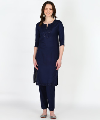 Anvi creation Women Embroidered Straight Kurta(Dark Blue)