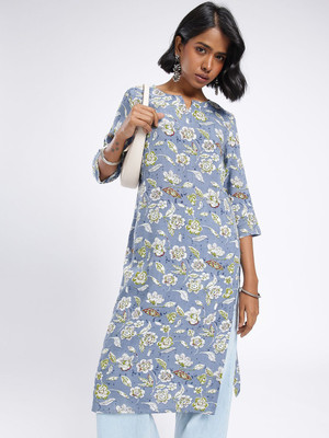 Anouk Rustic Women Floral Print Straight Kurta(Blue)