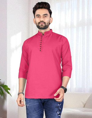 click n buy Men Solid Trail Cut Kurta(Pink)