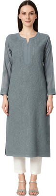 RINEZZA Women Chikan Embroidery Straight Kurta(Grey)