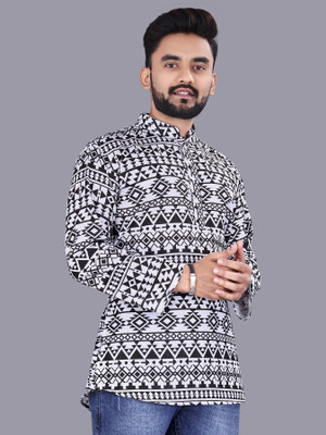 ISUELFAB Men Printed Straight Kurta(White, Black)