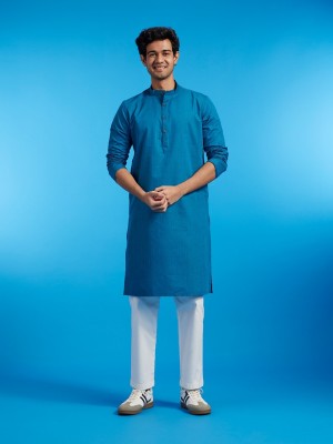 DIWAS by Manyavar Men Self Design Straight Kurta(Blue)