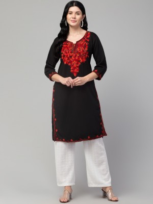 FamBee Women Embroidered Straight Kurta(Black)