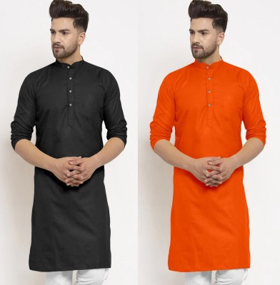 tejvin Men Solid Straight Kurta(Black, Orange)