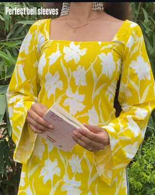 hibiki Women Floral Print, Printed Straight Kurta(Yellow)