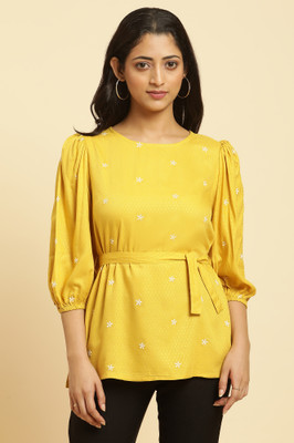 W Casual Solid Women Yellow, White Top