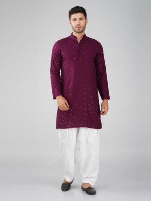 DEIFIC Men Embroidered Straight Kurta(Purple)