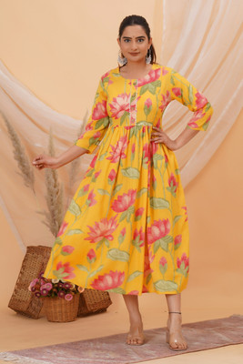HARIOMCOLLECTIO Women Floral Print Gown Kurta(Yellow)