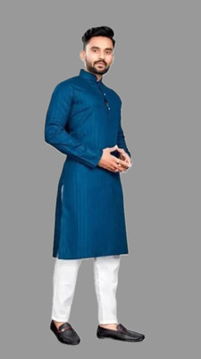 HouseOfCommon Men Solid A-line Kurta(Blue)