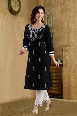 HouseOfCommon Women Chikan Embroidery Straight Kurta(Multicolor)
