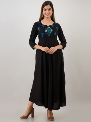ANOUK Women Embroidered A-line Kurta(Black)