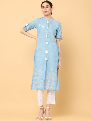 all about you Women Printed Straight Kurta(Blue)